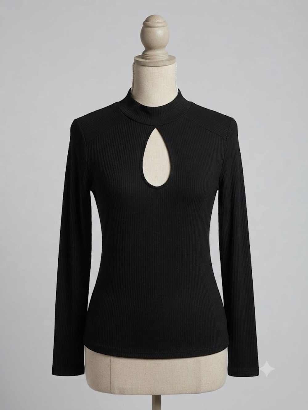 City Chic Black Ribbed Long-Sleeve Top with Front Keyhole